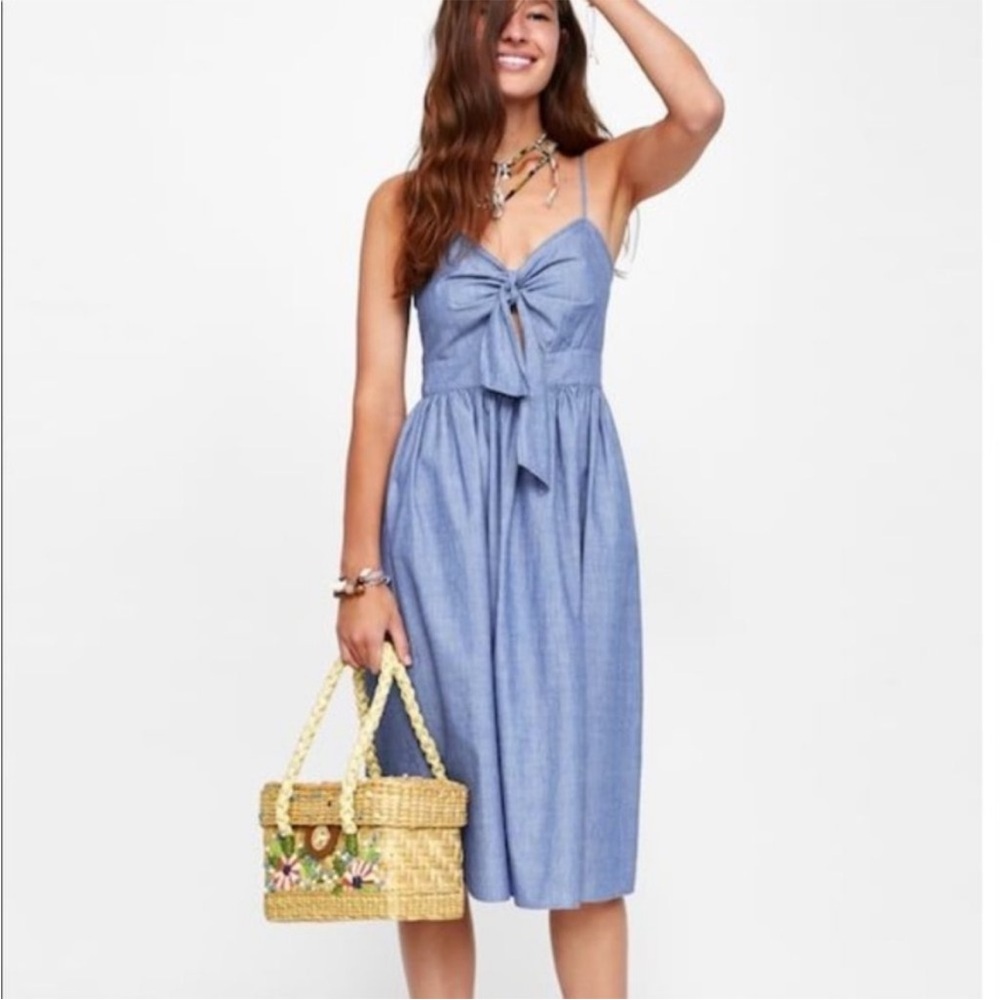 NWT Zara Chambray Cutout Front Tie Bow Midi Dress XS
